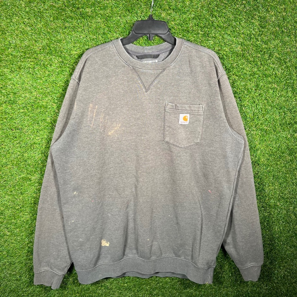 Carhartt Mens Loose Fit Pocket Crewneck Sweatshirt Gray L Tall Distressed